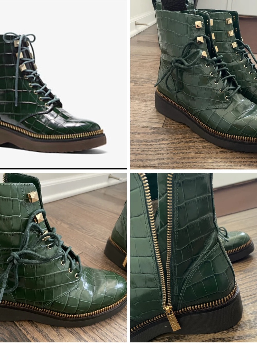 Michael Kors Dark Green Croc-Embossed Lace-Up Ankle Boots
